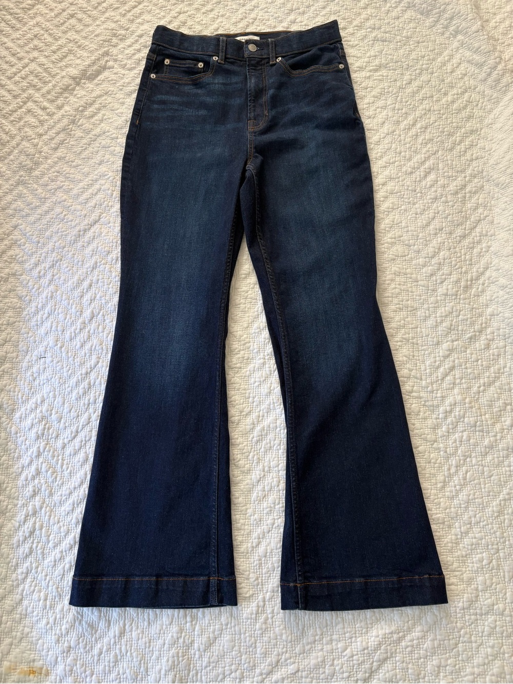 Spanx classic 5 pocket jeans with wide hem. Dark blue size 12.